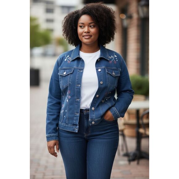 Alfred Dunner Women Blue Denim Cotton Embroidered Jacket Size 16P Stretch - Picture 1 of 9